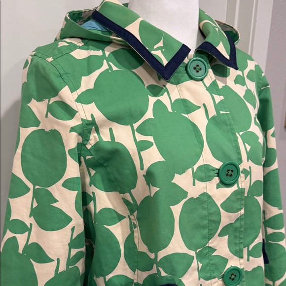 Boden Apple Print Rain Coat Cotton Hooded Green White Size 14 - Picture 3 of 14